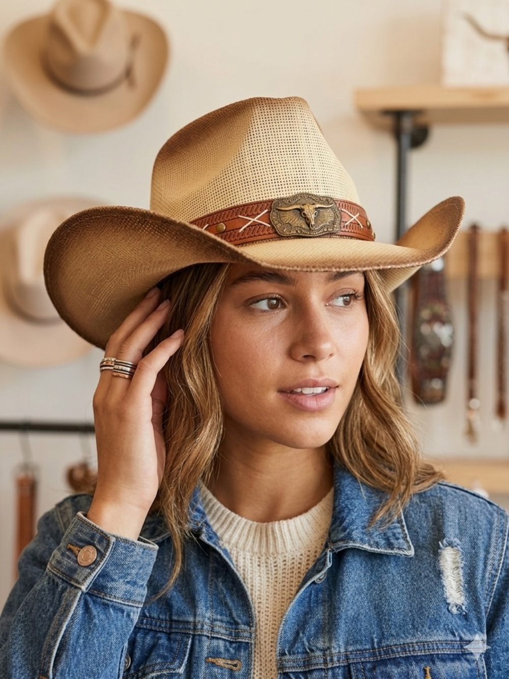 Women's Tan Straw Cowboy Hat with embossed Leather Band